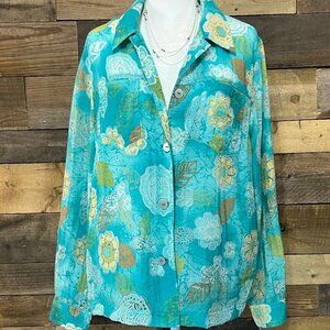 Alfred Dunner Button Down Blouse Turquoise Floral Print Semi Sheer Size 10